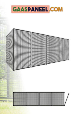 Gaaspaneel opstelling van ca 1 x 4 meter met gaasdak panelen. Zwarte panelen 2 meter hoog.